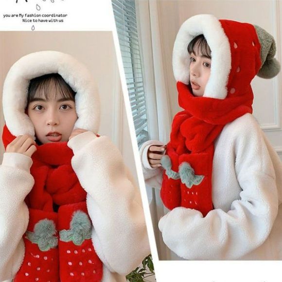 Strawberry Plush Handwarmer Scarf Hat Combo | Fleece Winter Headwrap Cover